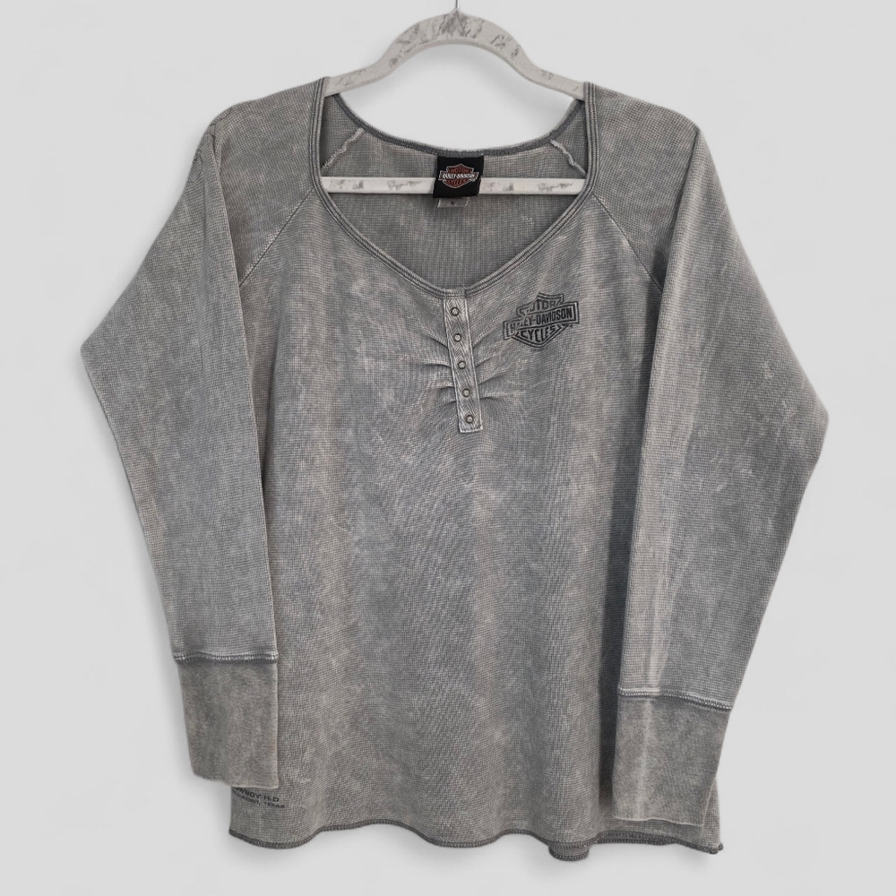 Harley Davidson Womens Gray Waffle Knit Henley Long Sleeve Biker Top L